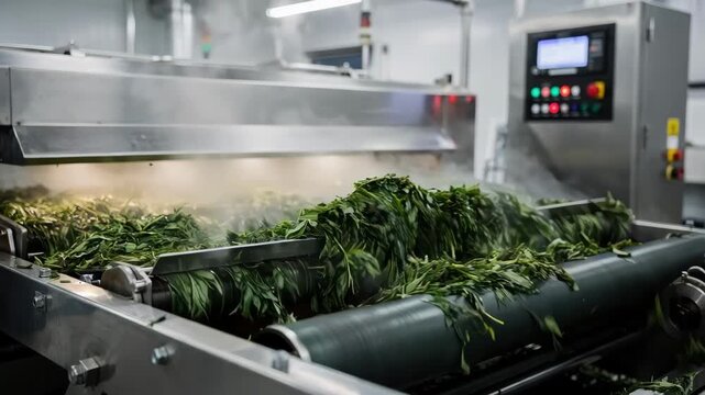 Medium shot focusing on the dynamic flow of tea leaves moving through an automated continuous belt steamer emphasizing modern technology in halting oxidation during tea production.