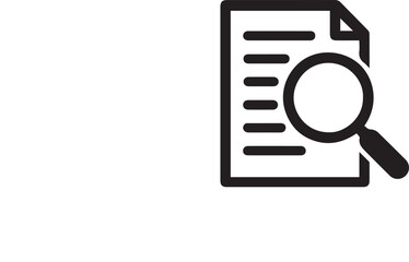 Magnifying glass over document with lines, representing research, analysis, and document review, black icon on white background