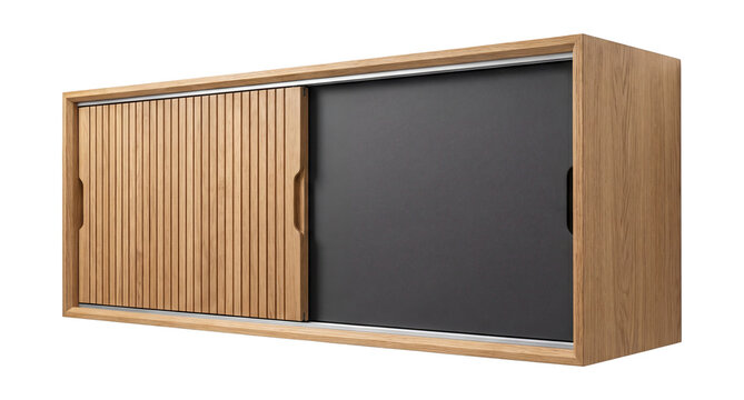 Wall-mounted hallway cabinet with sliding doors.