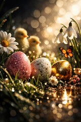 Easter chicks and eggs in grass with butterfly and bokeh