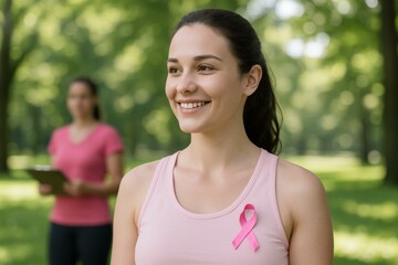 Fototapeta premium Smiling woman wearing pink ribbon for breast cancer awareness in park setting, promoting healthcare and support during outdoor awareness campaign. Ai generative