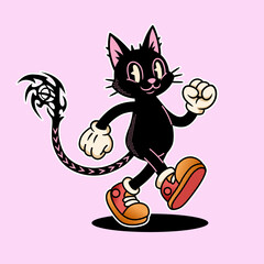Retro Cyber Sigilism Cat Illustration in Classic 1930s Rubber Hose Animation Style