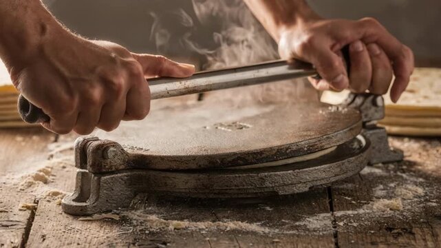 Medium shot of a manual lever tortilla press in action as hands apply steady pressure to flatten dough into perfect rounds on hot metal plates.