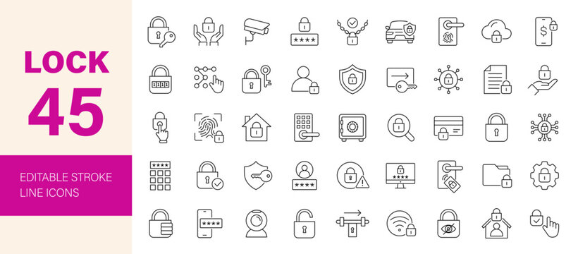 Lock icon set. Editable line icons. Vector illustration.