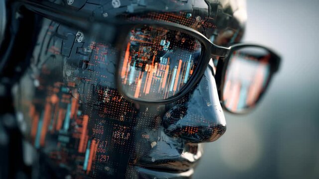 Futuristic robot with glasses reflecting digital patterns and data.