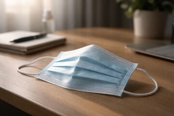 Blue Face Mask Placed on a Wooden Table With a Pen, Notebook, and Laptop in a Well-Lit Indoor Setting During the Day