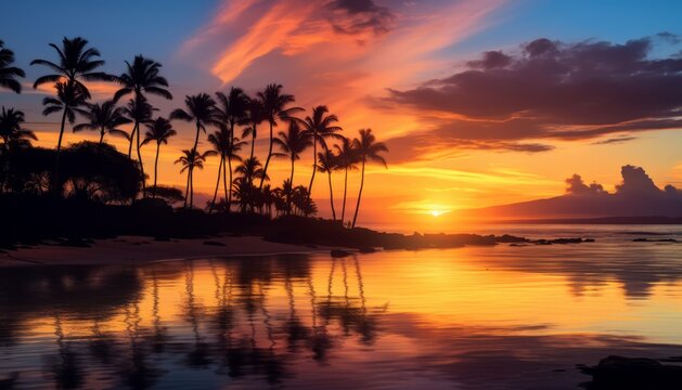 Kapalua Bay Maui Hawaii Bay at Sunset, Coconut Trees in Silhouette against colorful sunset, Stunning Travel Scenic Landscape Wallpaper, 