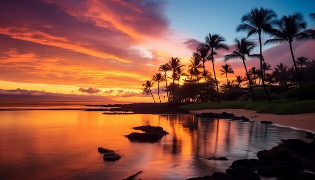Kapalua Bay Maui Hawaii Bay at Sunset, Coconut Trees in Silhouette against colorful sunset, Stunning Travel Scenic Landscape Wallpaper, 