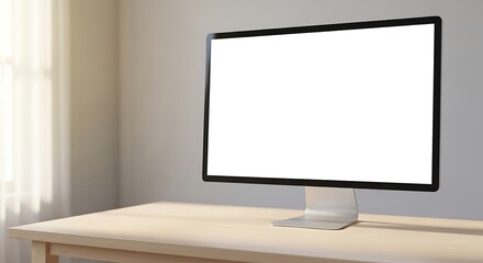 Fototapeta premium Modern blank white computer screen on a light wooden desk, natural window light, soft shadows, home office, workspace, technology, clean design, minimalist, digital background