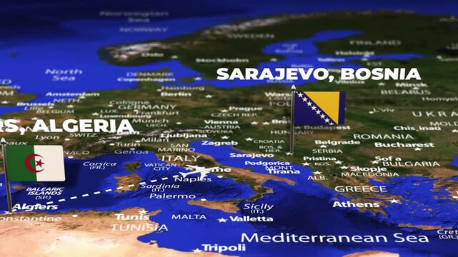 Flight From Algiers ALGERIA to Sarajevo BOSNIA with flag pins