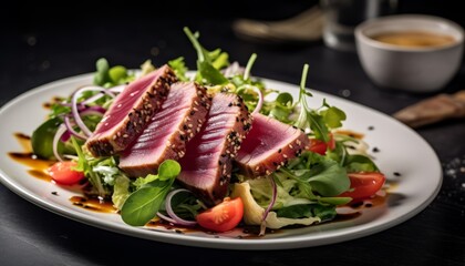 seared ahi tuna tataki salad on a plate