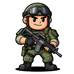 Fototapeta premium A sturdy special forces soldier with a combat weapon, fully equipped in special combat gear. Cartoon mascot, illustration, clean lines, flat design, modern, high quality