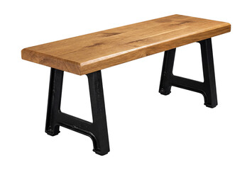 Fototapeta premium Industrial-style water-resistant bench with an oak top and iron legs.