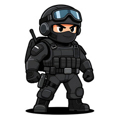 Fototapeta premium A sturdy special forces soldier with a combat weapon, fully equipped in special combat gear. Cartoon mascot, illustration, clean lines, flat design, modern, high quality