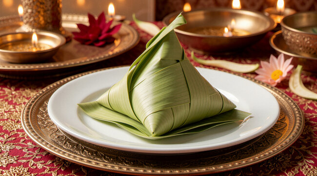 Traditional ketupat rice cake on white plate with festive glowing lamps background
