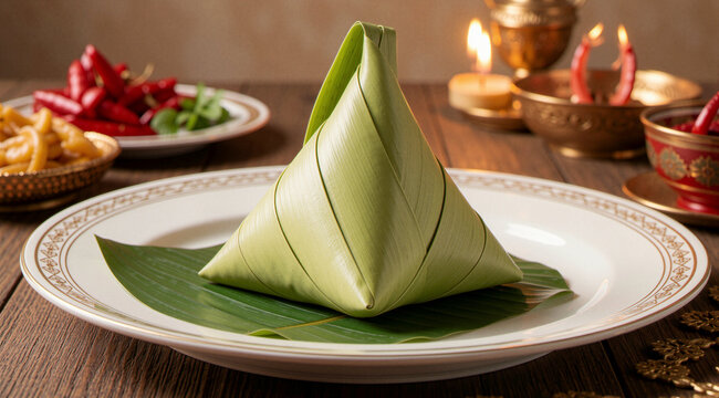 Ketupat rice cake wrapped in coconut leaf served on banana leaf with rustic wooden setting