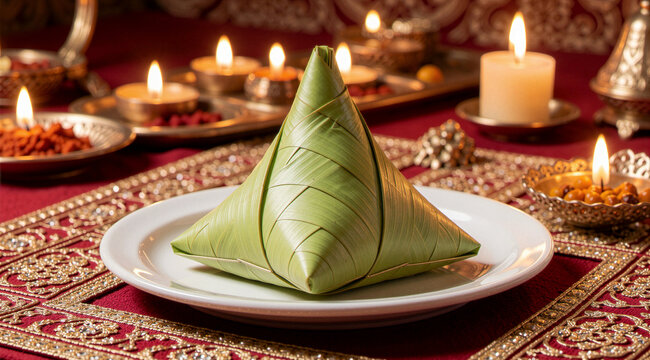 Ketupat rice cake served on white plate with lit candles and red festive table runner