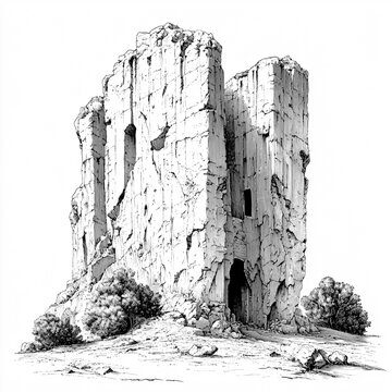 2D black and white illustration of the Ca&ntilde;&oacute;n de los Duendes in Zacatecas isolated on a white background