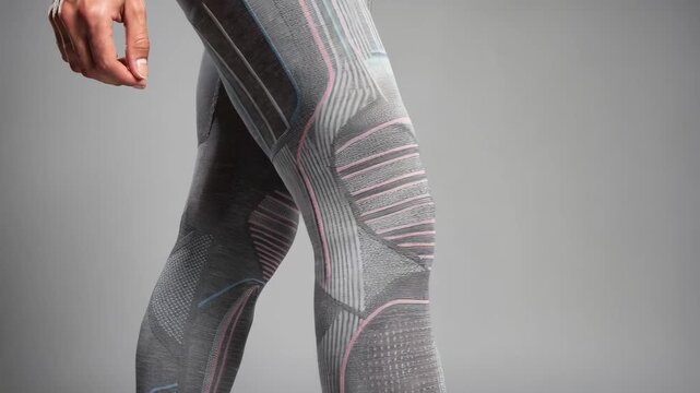 Medium shot focusing on compression areas of advanced weft knit fabrics enhancing muscle support and circulation in athletic performance gear.