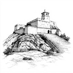 2D black and white illustration of the Malinalco Fortress isolated on a white transparent background