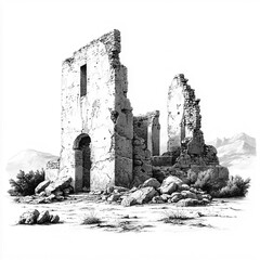 2D black and white illustration of the Mezquital Valley ruins isolated on a white transparent background
