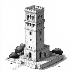 2D black and white illustration of the Monclova Tower in Coahuila isolated on a white transparent background