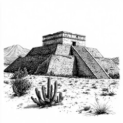 2D black and white illustration of the Monte Alban pyramids isolated on a white transparent background