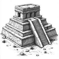 2D black and white illustration of the Monte Alban tombs isolated on a white transparent background