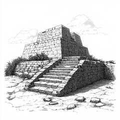 2D black and white illustration of the Monte Alban Viewpoint isolated on a white transparent background