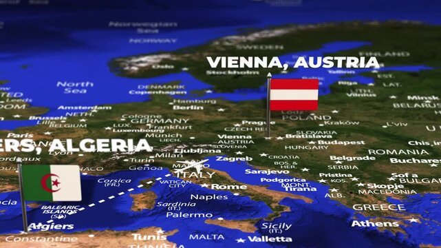 Flight From Algiers ALGERIA to Vienna AUSTRIA with flag pins