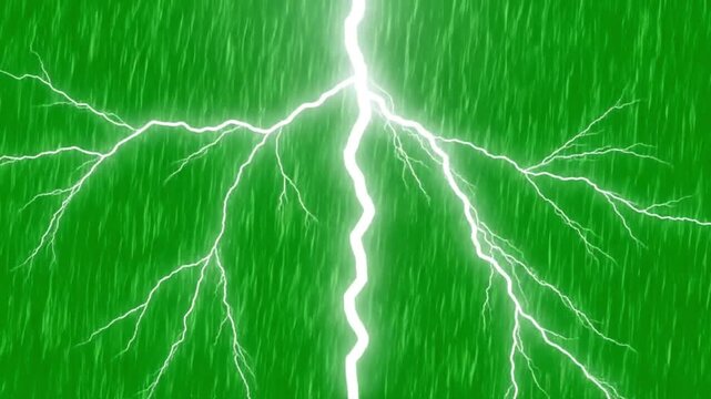 Lightning Strike with Branching Bolts on Stylized Green Rain Background &ndash; Dramatic Electrical Discharge Concept
