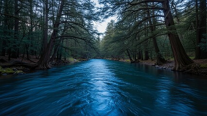 Serene Blue River Flowing Through a Dense Dark Forest Landscape.