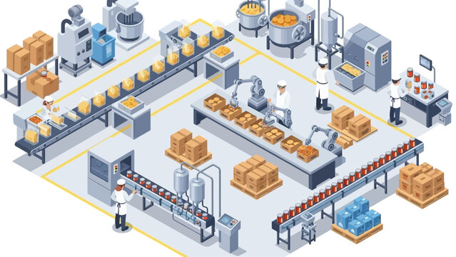 Modern food factory with automation and workers on production lines