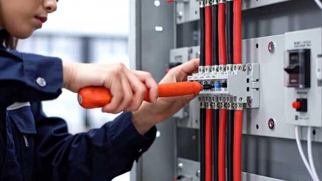Electrician performing electrical installation and repair close-up