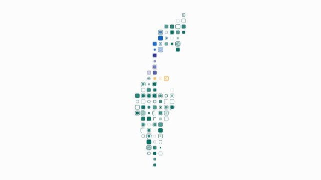 Israel map animation. Shape of the country with pulsating colored dots. Large size rounded square blocks. Digital style Israel map on white background. Stylish video.