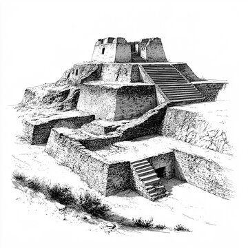 2D black and white illustration of the Zapotec ruins at Monte Alb&aacute;n isolated on a white background