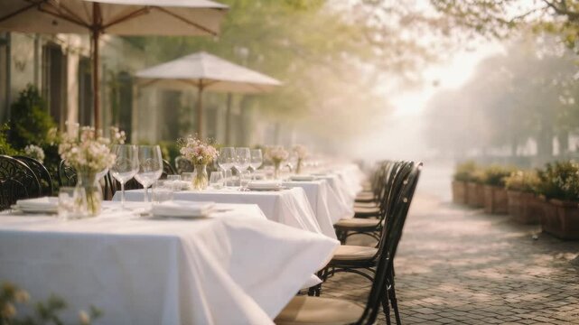 Long festive dining table prepared for a wedding banquet or celebration on a beautiful, misty morning, with elegant tableware, flower arrangements, and warm sunlight filtering through the trees