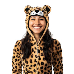 Front view of a woman in a cheetah costume smiling, studio shot, isolated on a white transparent background