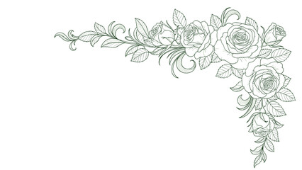 Decorative corner border featuring highly detailed hand drawn roses and leaves for wedding invitations and vintage greeting card designs.