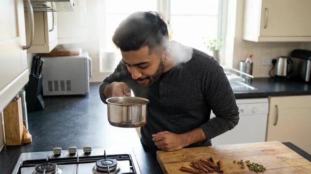 Young man smelling steam from a pot while cooking in a bright kitchen with cinnamon sticks and cardamom on a wooden board