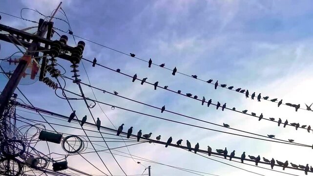 Pigeons pigeon birds are sitting on the power pole cables.