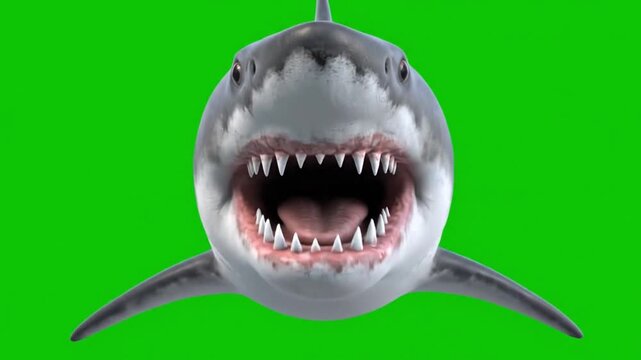 Digitally Rendered Shark with Open Mouth on Bright Green Background &ndash; Intense Marine Predator Concept