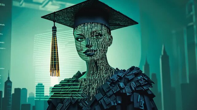 Futuristic graduate in graduation gown with digital face