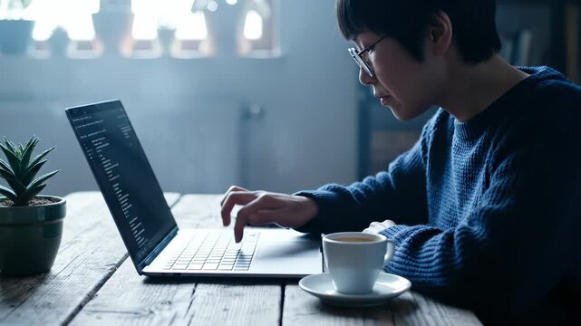 Programmer types code on laptop at cafe table with coffee. Woman coding on laptop with programming screen. Developer works on laptop writing code. Coffee and laptop for coding work at table.