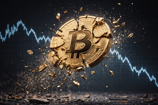 Exploding bitcoin coin with falling chart in background symbolizing crash. Ai generative
