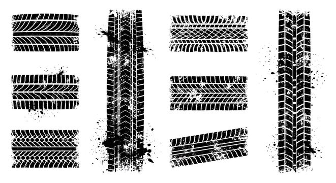 tire tracks set, grunge texture, vehicle trail, road marks