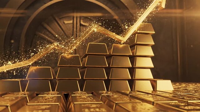 Gold price trend forecast with stacked gold bars shining bright for investment wealth and growth