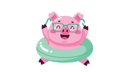 Naklejka premium Happy pink pig wearing green glasses and relaxing inside a light green inner tube, perfect for summer vacation or fun character art.