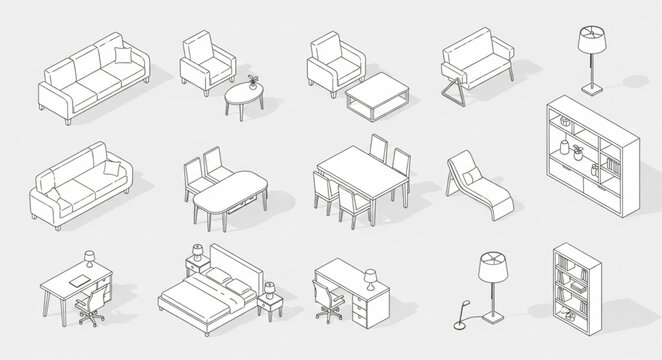 Collection of Isometric Furniture Line Art Illustrations.