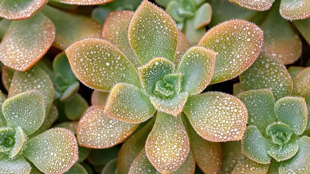 Succulent leaves covered in dew drops